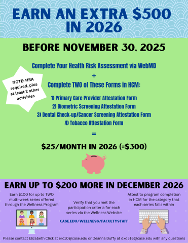 A colorful flyer containing an overview of the CWRU Wellness Incentive Program for 2026