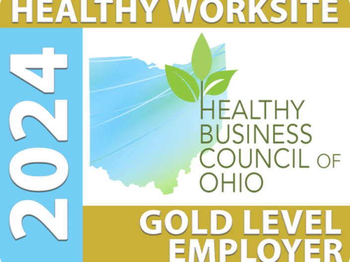 Badge denoting that CWRU received Gold Level Healthy Worksite recognition from the Healthy Business Council of Ohio in 2024
