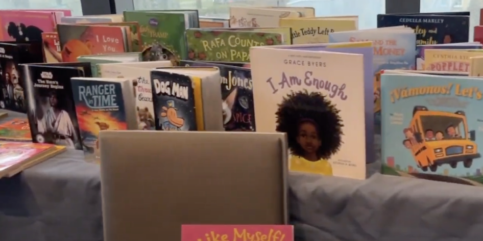 Children's picture books displayed as part of field trip.